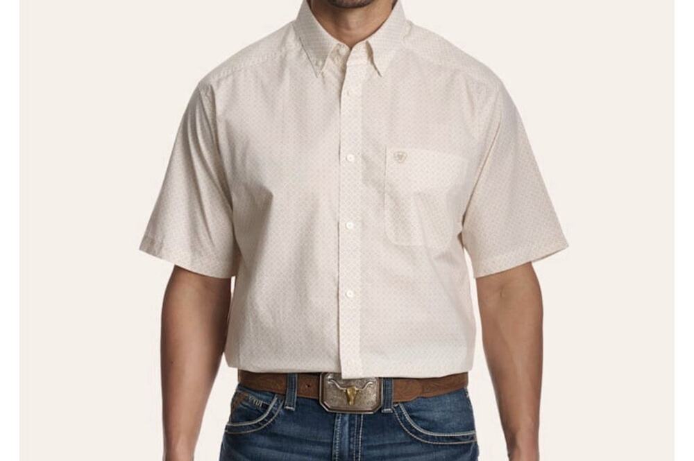 NWT Ariat Button Down Mens M SS Shirt Irish Crème Beige Geometric